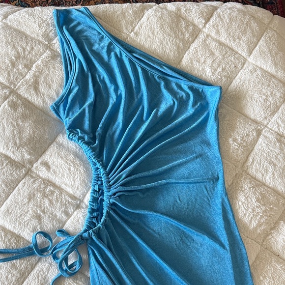 Bright Blue One-Shoulder Ruched Side Tie Dress - Picture 6 of 7